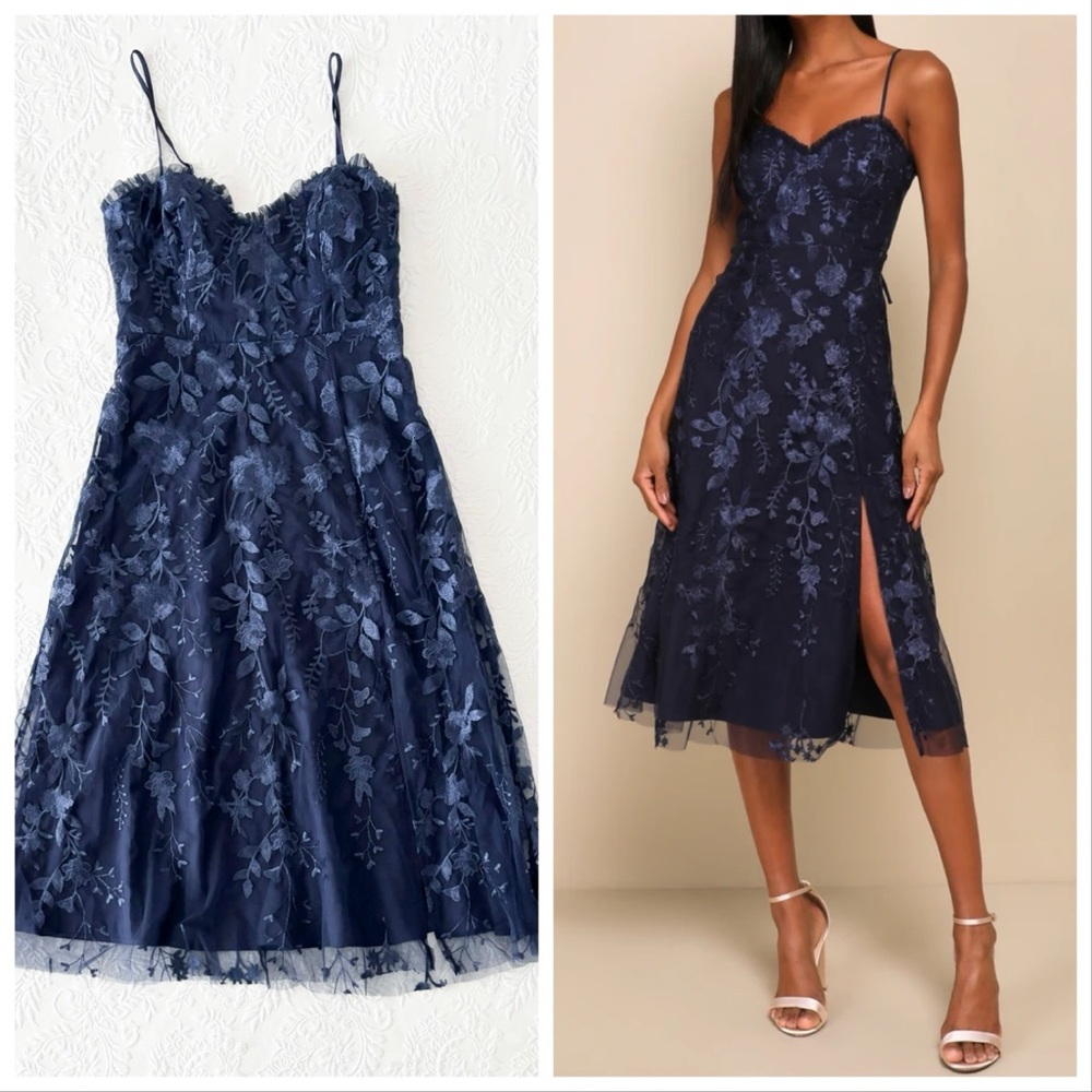 Lulu's Navy Blue Floral Embroidered Midi Dress